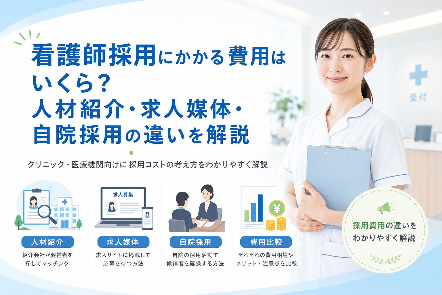 看護師採用にかかる費用はいくら？人材紹介・求人媒体・自院採用の違いを解説