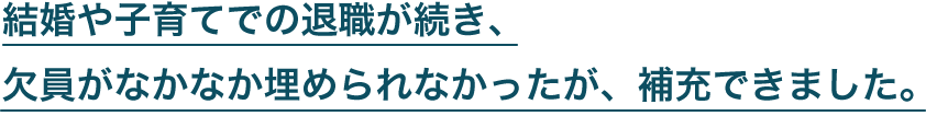 結婚や子育てでの退職が続き、欠員がなかなか埋められなかったが、補充できました。